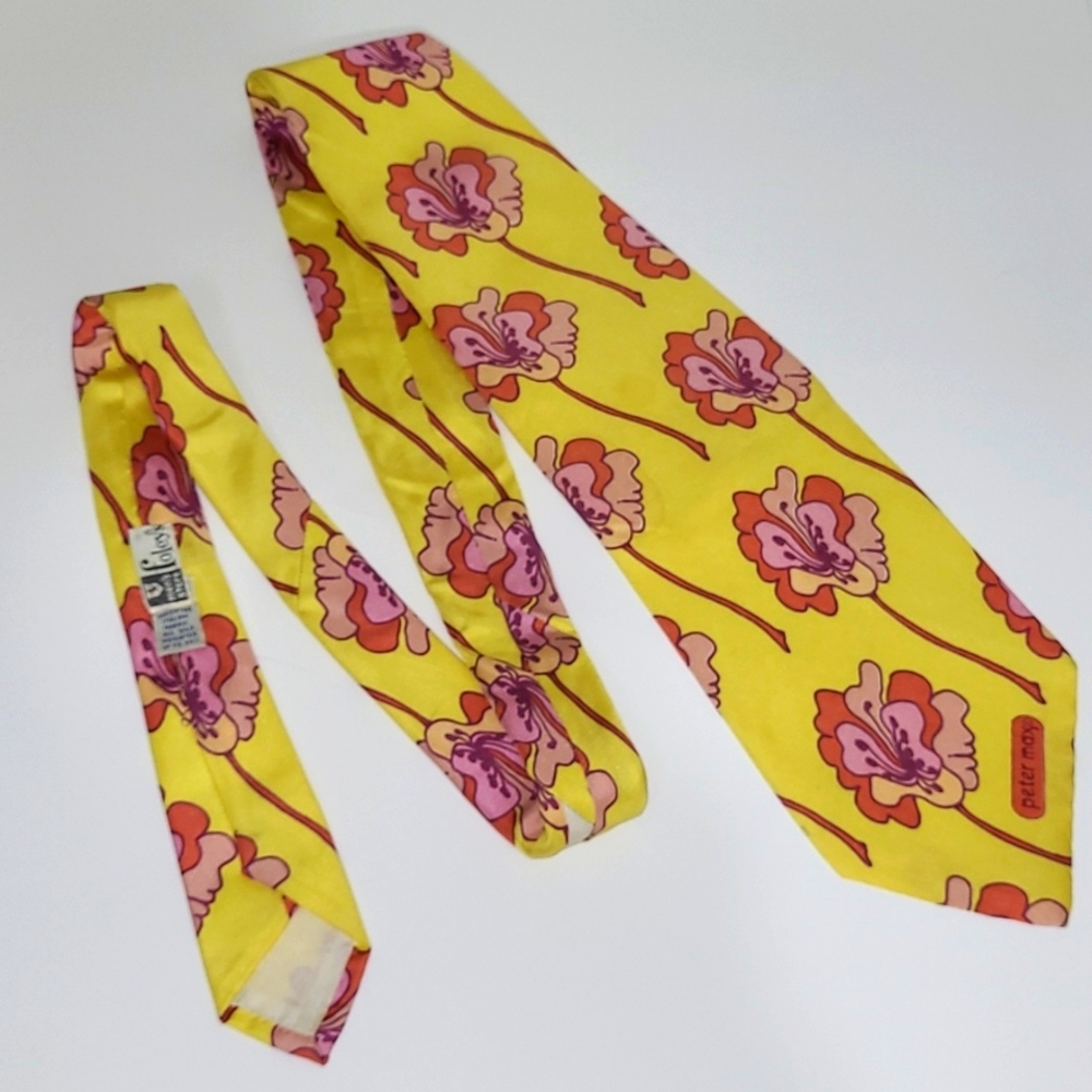 Peter Max Silk Tie Signed Pop Art Retro Rare Yellow Orange Hibiscus Floral Print